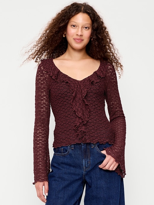 Image number 1 showing, Fitted Bell-Sleeve Ruffle Top