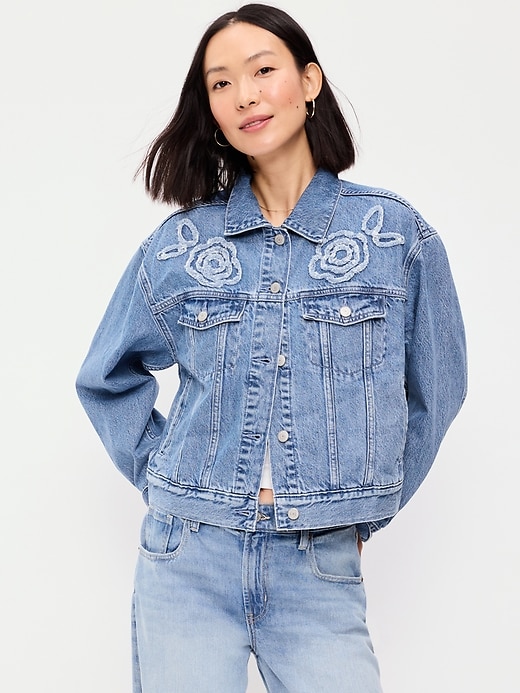 Image number 1 showing, Embroidered Cropped Denim Jacket