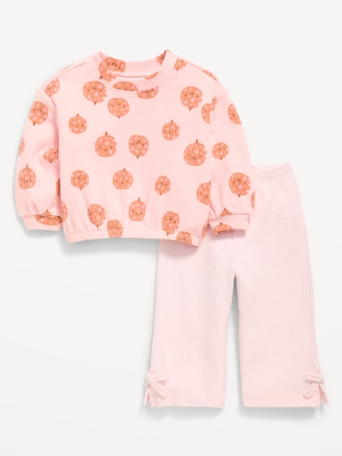 ENSEMBLE CHANDAIL ET PANTALON À JAMBE LARGE EN TRICOT CÔTELÉ À MOTIF POUR BÉBÉ