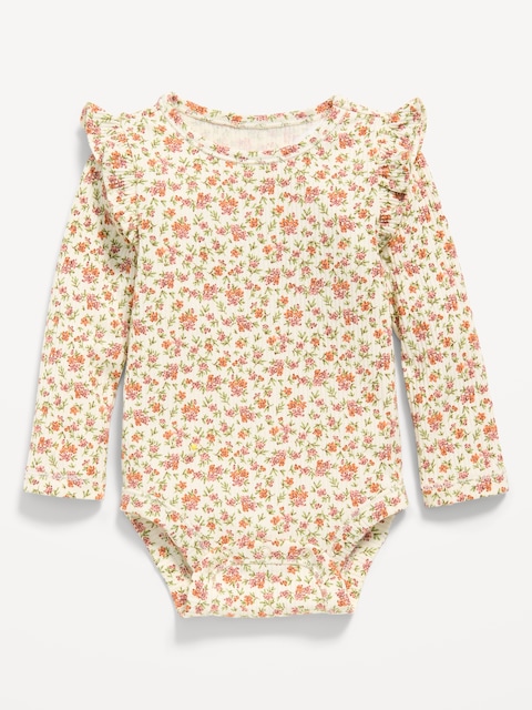 Printed Long-Sleeve Ruffled Ribbed Bodysuit for Baby