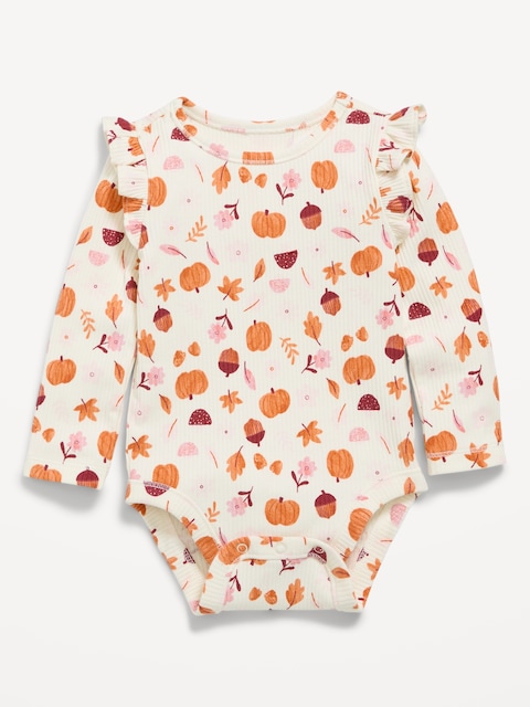 Printed Long-Sleeve Ruffled Ribbed Bodysuit for Baby