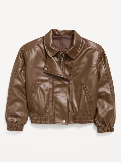 Oversized Water-Resistant Faux-Leather Bomber Jacket for Girls