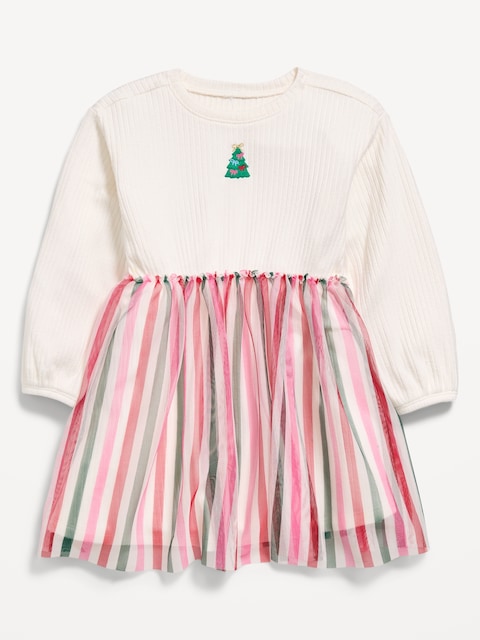 ROBE TUTU CÔTELÉE À MANCHES LONGUES À IMPRIMÉ POUR TOUTE-PETITE
