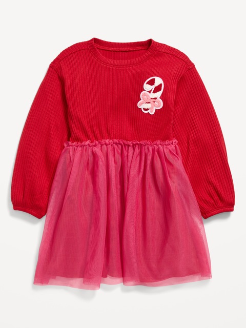 Long-Sleeve Ribbed Graphic Tutu Dress for Toddler Girls