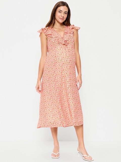 Maternity Ruffle-Sleeve Midi Dress