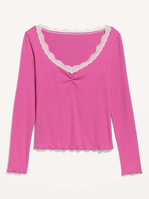 Long-Sleeve Lace Trim T-Shirt