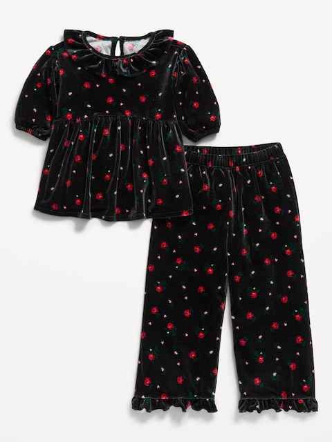 ENSEMBLE HAUT À MANCHES BOUFFANTES ET PANTALON EN VELOURS À MOTIF POUR TOUTE-PETITE