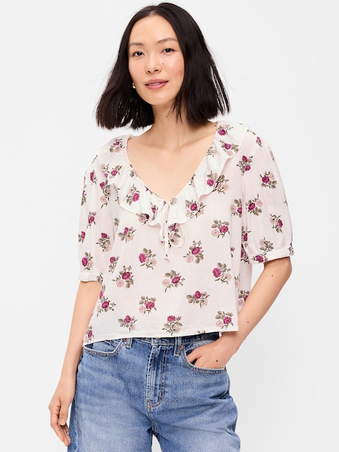 Ruffle Collar Tie-Front Top