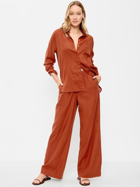 PANTALON À JAMBE ULTRA-LARGE EN MÉLANGE DE LIN TAILLE HAUTE