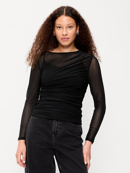 Image number 1 showing, Long-Sleeve Draped Mesh Top