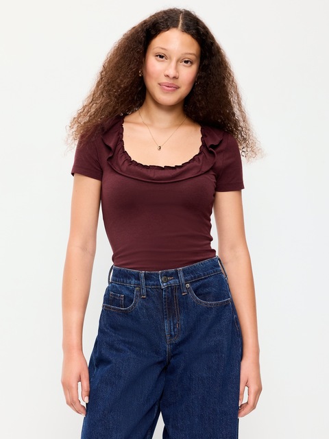 Lettuce-Edge Scoop-Neck Top