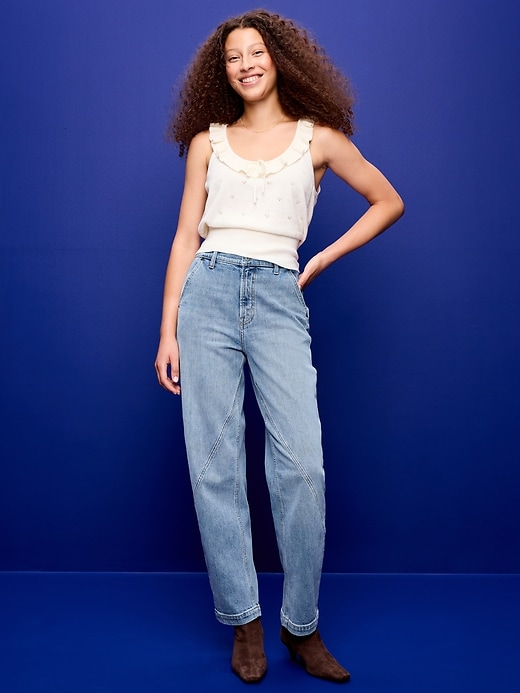 L'image numéro 1 présente Jean coupe généreuse baril à taille haute longueur cheville