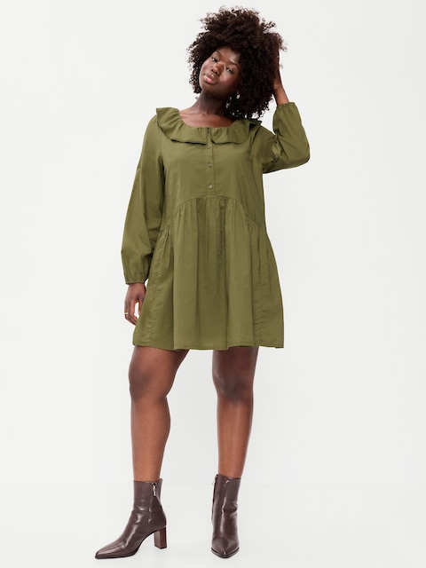 Long-Sleeve Ruffle-Collar Swing Mini Dress
