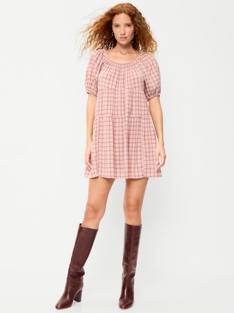 Puff-Sleeve Smocked Mini Swing Dress