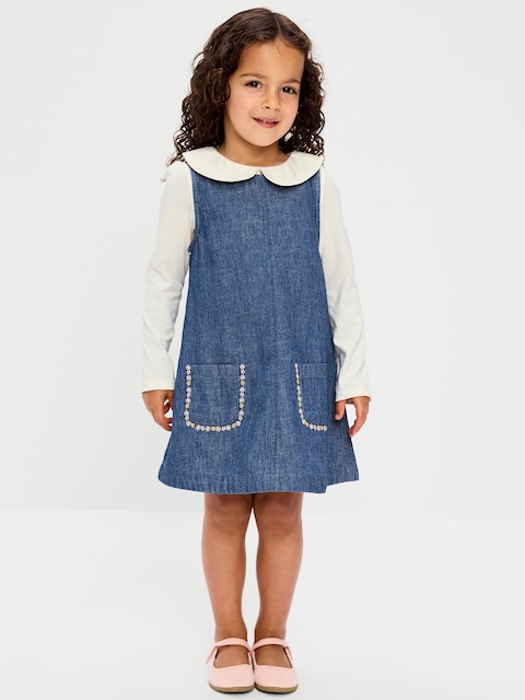Long-Sleeve Collared Top and Dress Set for Toddler Girls