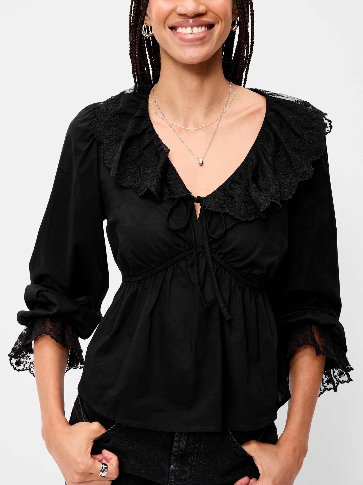 Long-Sleeve Ruffle Collar Peplum Top