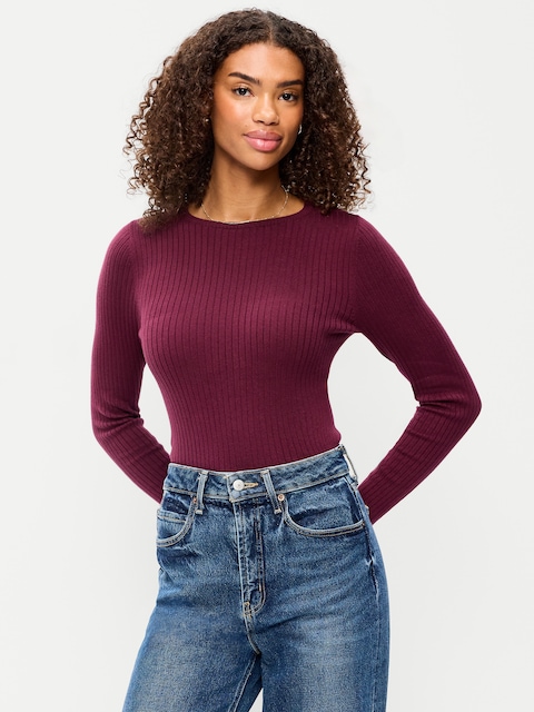 Crew-Neck Long-Sleeve Ribbed Top