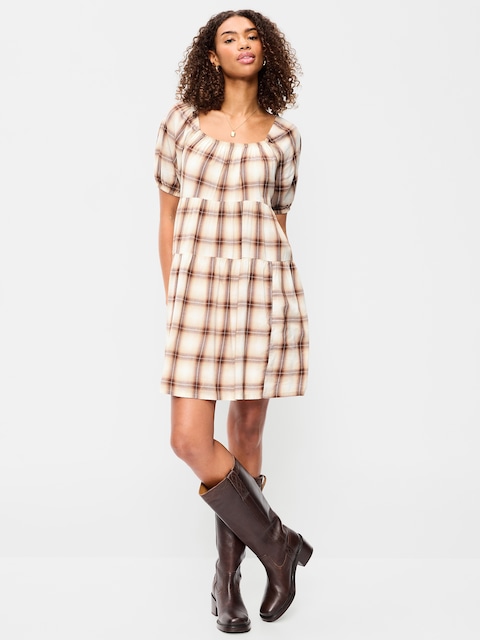 Puff-Sleeve Smocked Mini Swing Dress