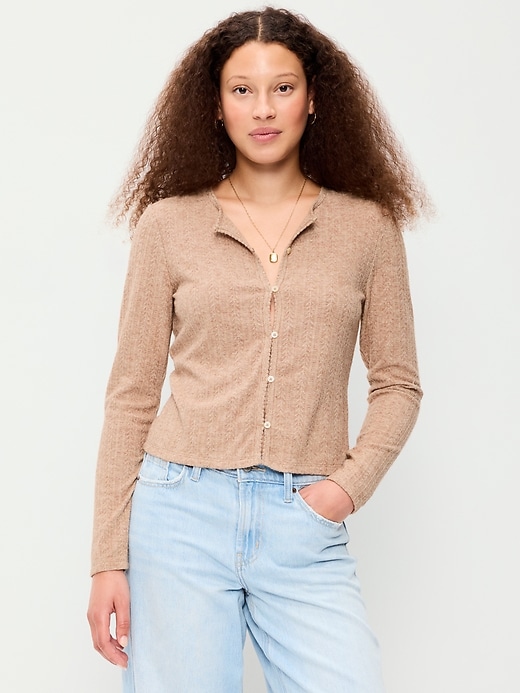 Image number 1 showing, Long-Sleeve Button-Front Pointelle Top