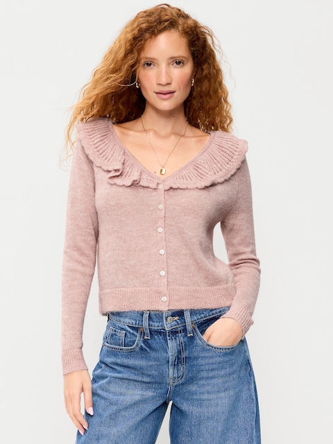 Ruffle-Collar Pointelle Cardigan