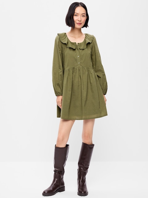 ROBE COURTE TRAPÈZE À COL VOLANTÉ À MANCHES LONGUES