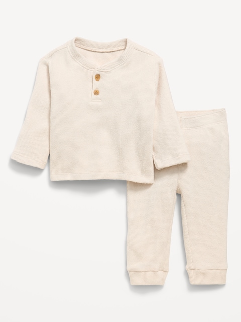 Long-Sleeve Waffle-Knit Henley Top and Pants Set for Baby