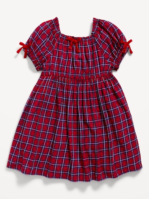 Puff-Sleeve Plaid Dress for Toddler Girls