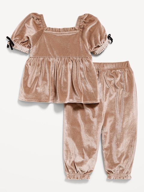 ENSEMBLE HAUT À MANCHES COURTES BOUFFANTES ET PANTALON EN VELOURS POUR BÉBÉ