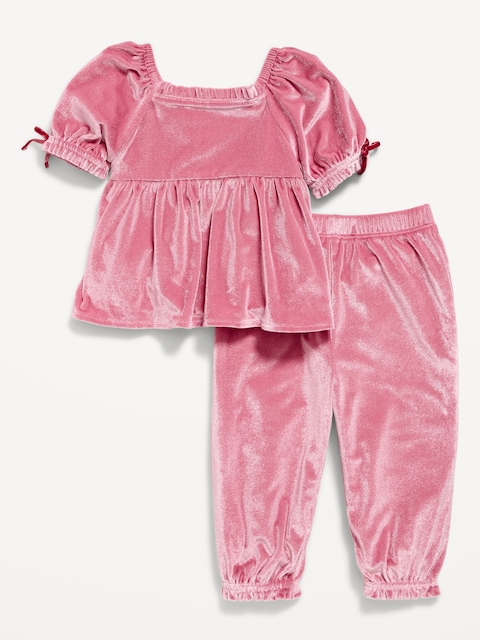 ENSEMBLE HAUT À MANCHES COURTES BOUFFANTES ET PANTALON EN VELOURS POUR BÉBÉ
