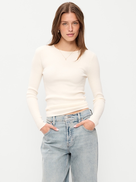 Crew-Neck Long-Sleeve Ribbed Top