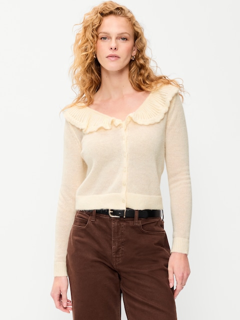 Ruffle-Collar Pointelle Cardigan