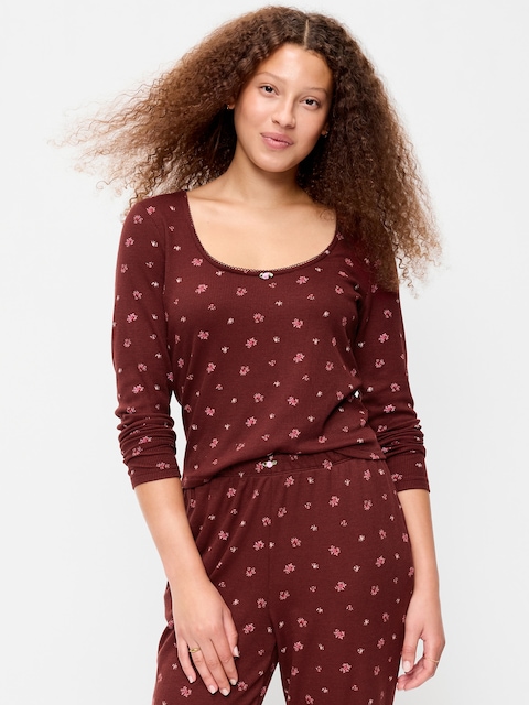 Waffle-Textured Long-Sleeve Pajama Top