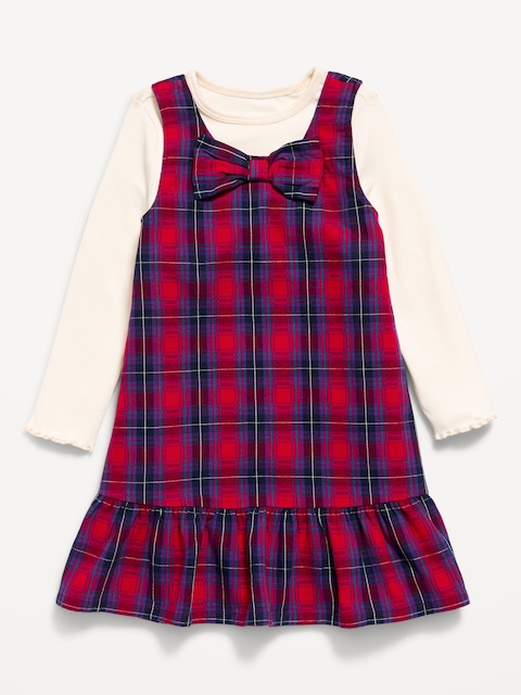 ENSEMBLE ROBE À CARREAUX SANS MANCHES ET HAUT À MANCHES LONGUES POUR TOUTE-PETITE