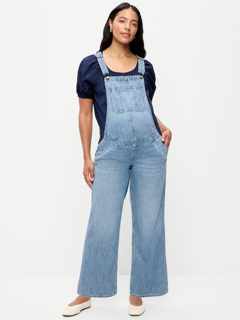 Maternity Side-Panel Wide-Leg Jean Overalls