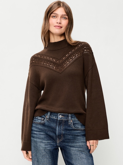 Mock-Neck Lace Inset Sweater
