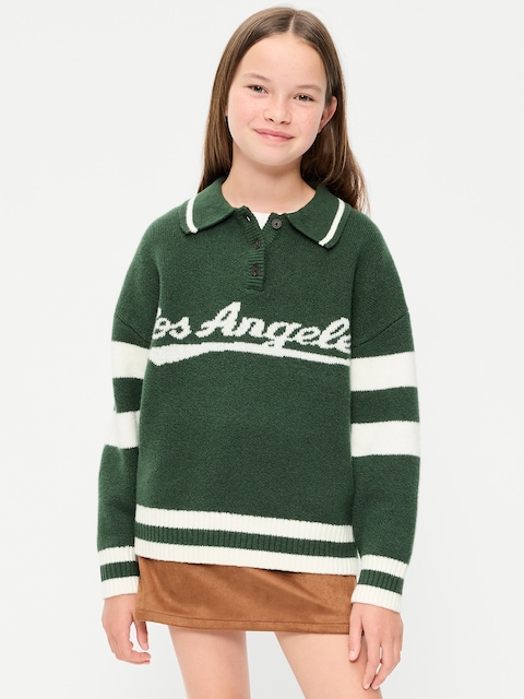 Oversized Long-Sleeve Rugby Polo Sweater for Girls