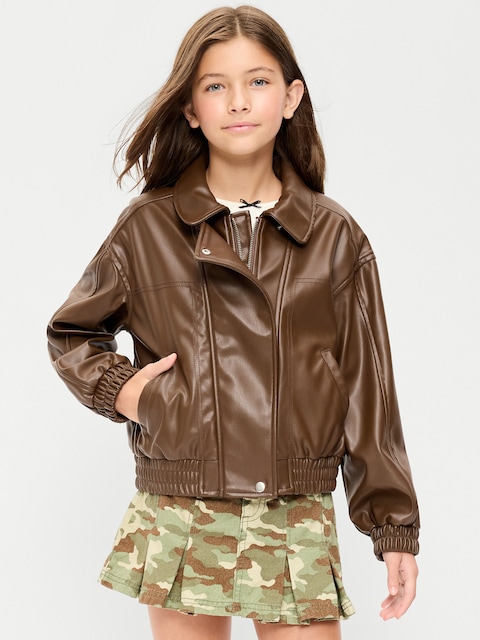 Oversized Water-Resistant Faux-Leather Bomber Jacket for Girls