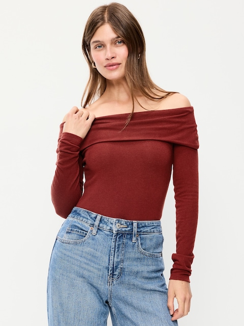 Off-The-Shoulder Long-Sleeve Fitted Top