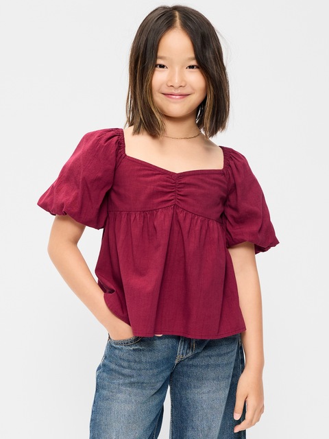 Puff-Sleeve Tie-Back Crinkled Top for Girls