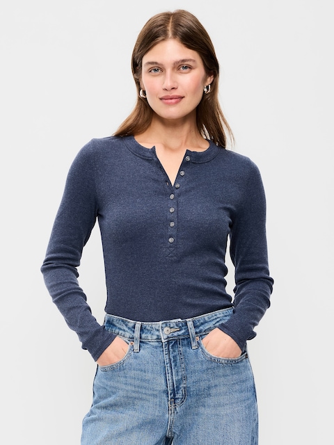 Snug Long-Sleeve Ribbed Henley T-Shirt