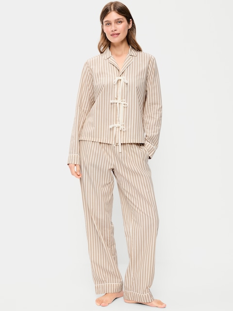 Tie-Front Poplin Pajama Pant Set