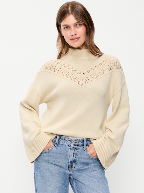Mock-Neck Lace Inset Sweater