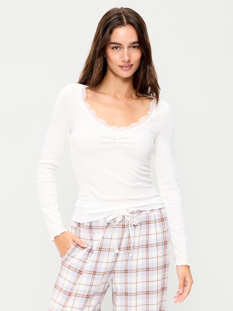 Long-Sleeve Lace Trim T-Shirt