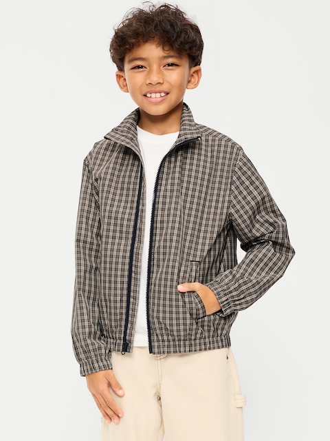 Water-Resistant Plaid Full-Zip Windbreaker for Boys