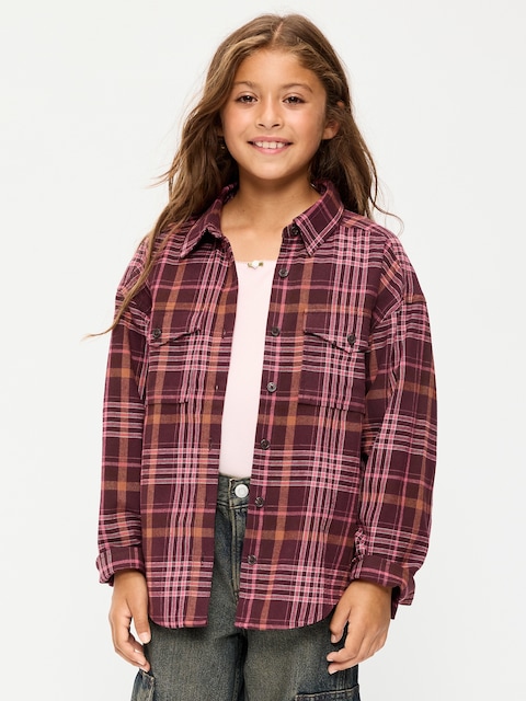 Oversized Long-Sleeve Utility Pocket Flannel Shirt for Girls