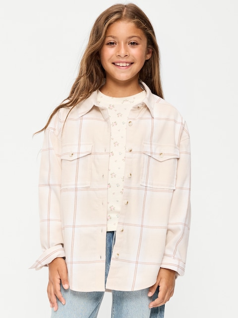 Oversized Long-Sleeve Utility Pocket Flannel Shirt for Girls