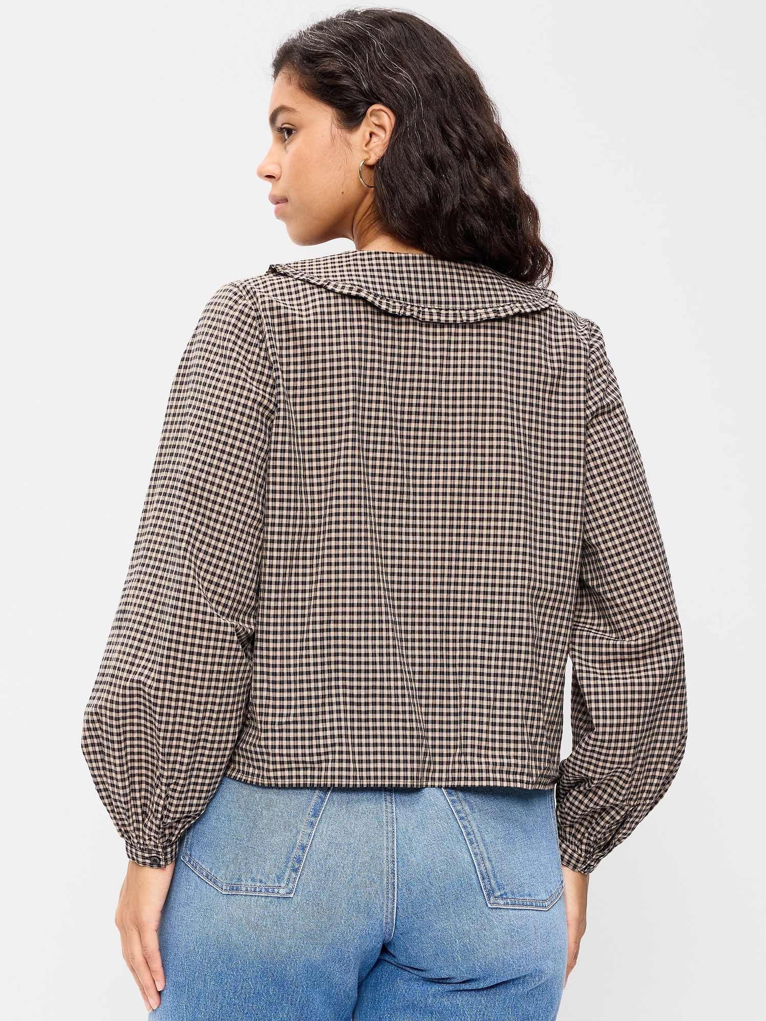 Long-Sleeve Statement Collar Button-Front Top