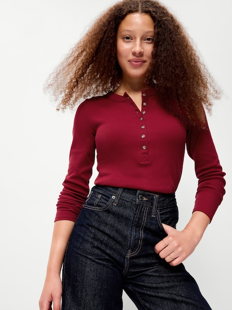 Snug Long-Sleeve Ribbed Henley T-Shirt