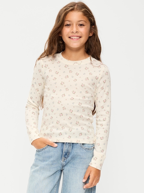 Printed Long-Sleeve Ribbed T-Shirt for Girls