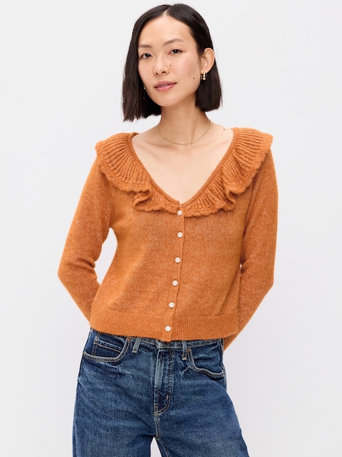 Ruffle-Collar Pointelle Cardigan
